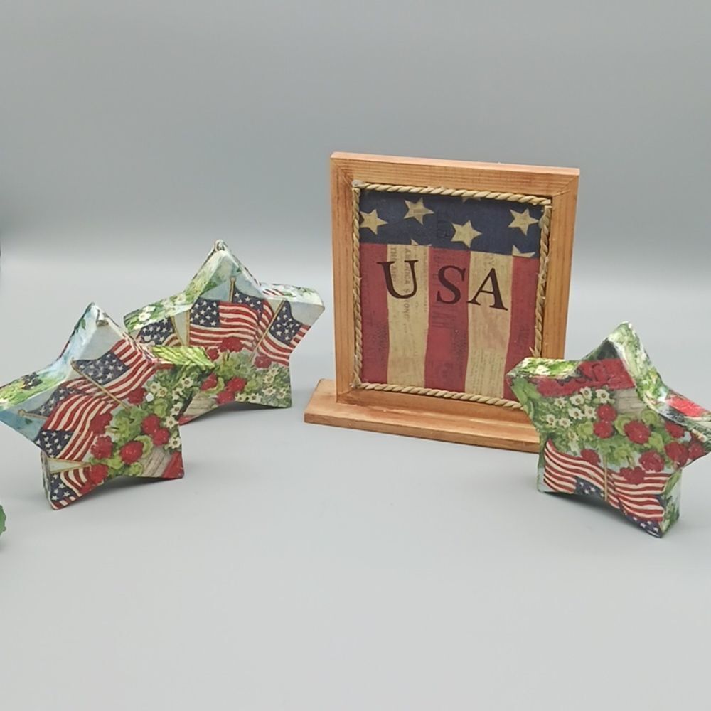 Patriotic wooden stars and USA sign decor